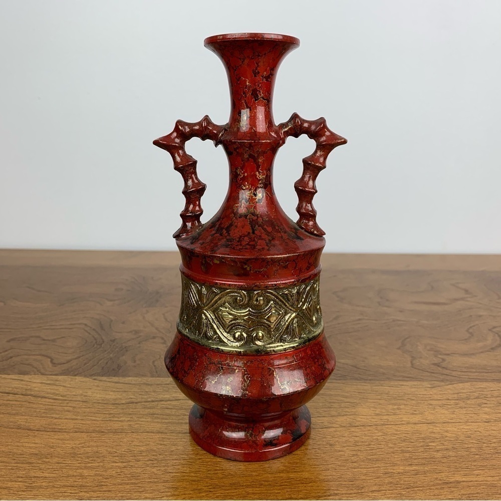 Brass Vase Painted Red Gold Accents Vintage Textured Heavy Ribbed Handles